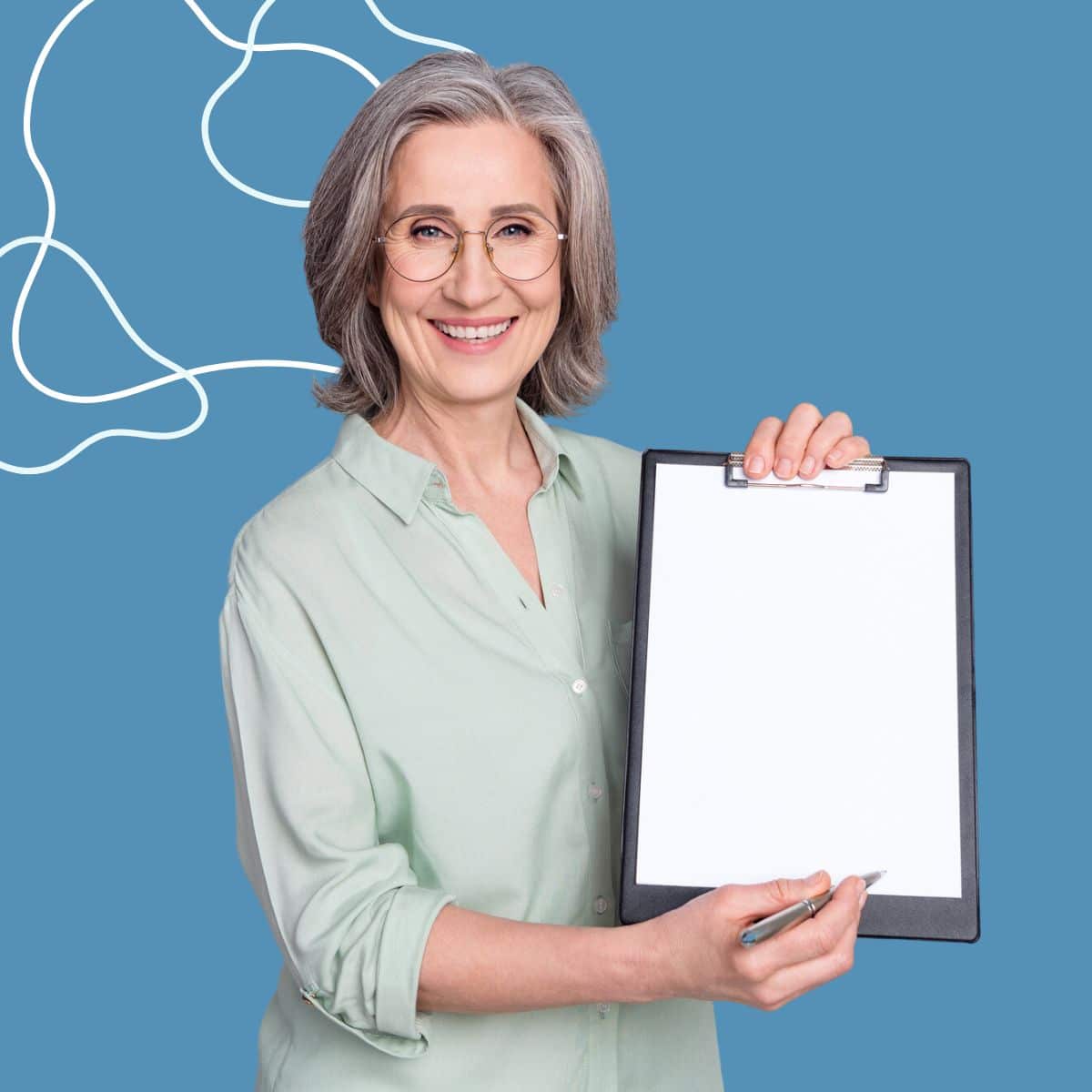 Woman holding blank paper on clipboard