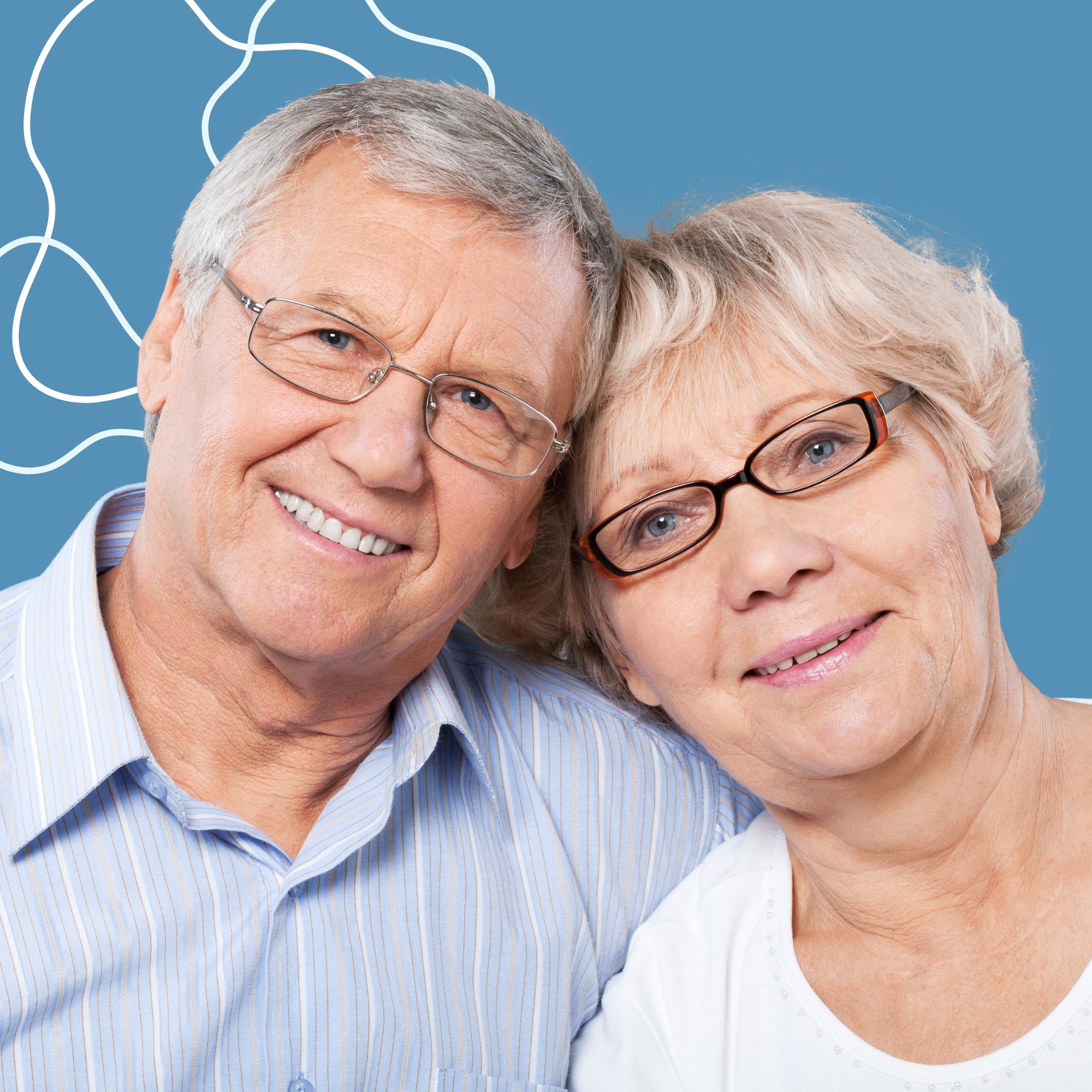 Older couple in glasses smiling